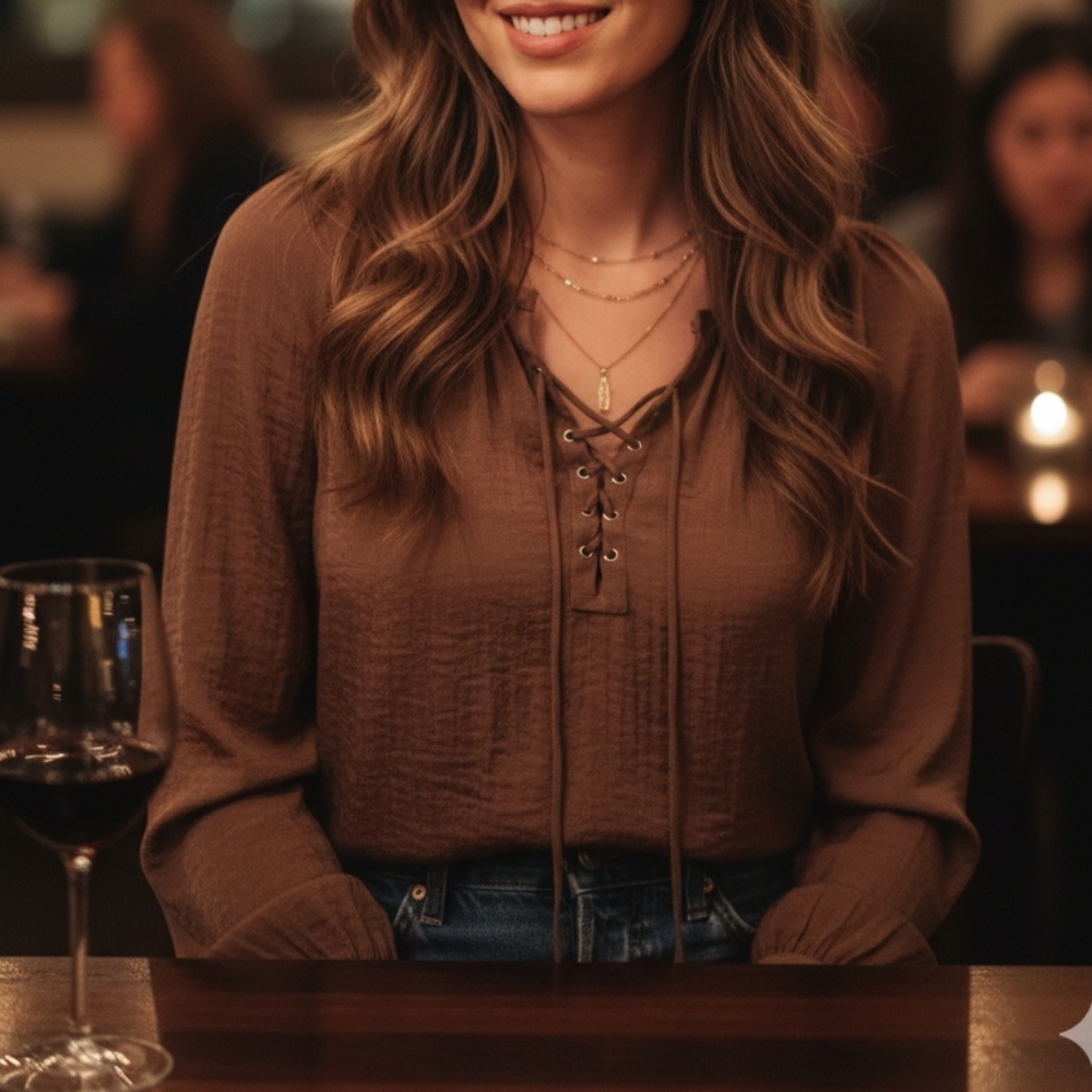 Boho Chic Fairycore J.LO Rose Taupe Lace-Up Cottagecore Blouse - Picture 2 of 9